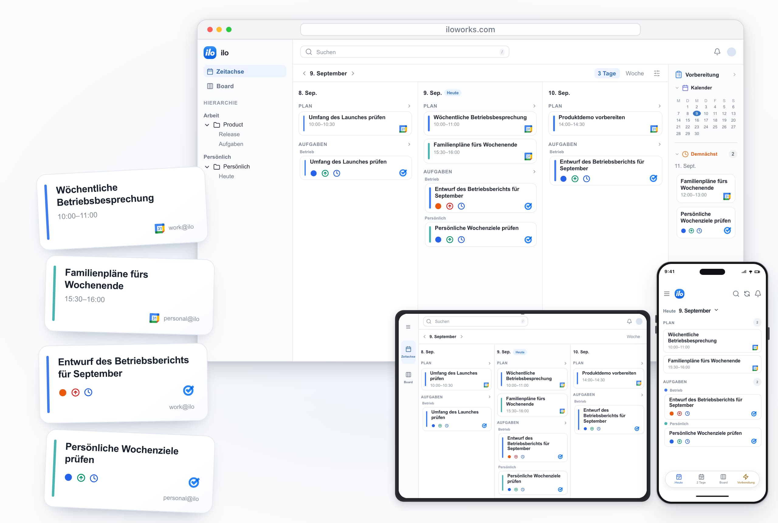 ilo on desktop, iPad and iPhone: work and personal accounts together — Wöchentliche Betriebsbesprechung, Familienpläne fürs Wochenende, Entwurf des Betriebsberichts für September, Persönliche Wochenziele prüfen.