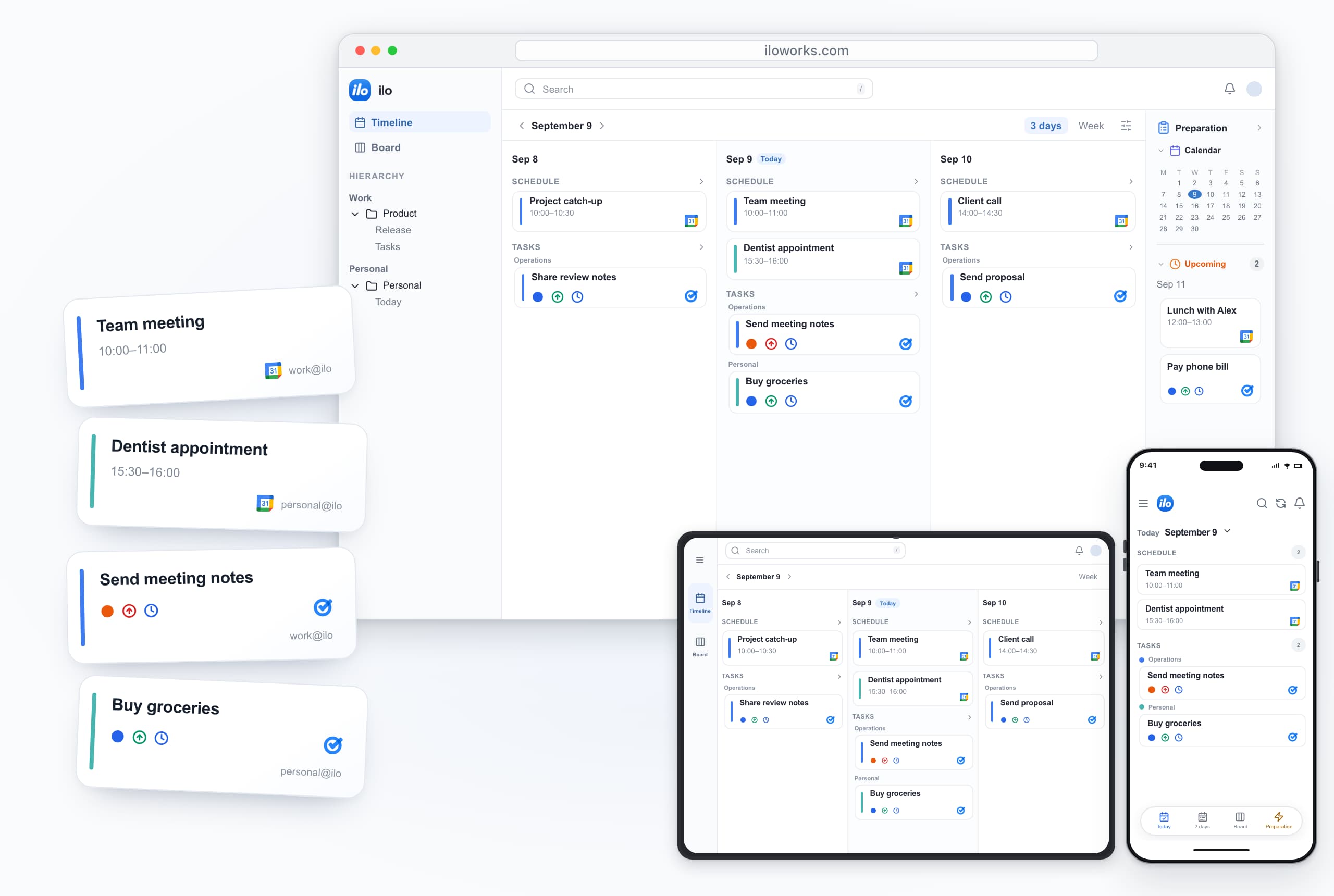 ilo on desktop, iPad and iPhone: work and personal accounts together — Team meeting, Dentist appointment, Send meeting notes, Buy groceries.