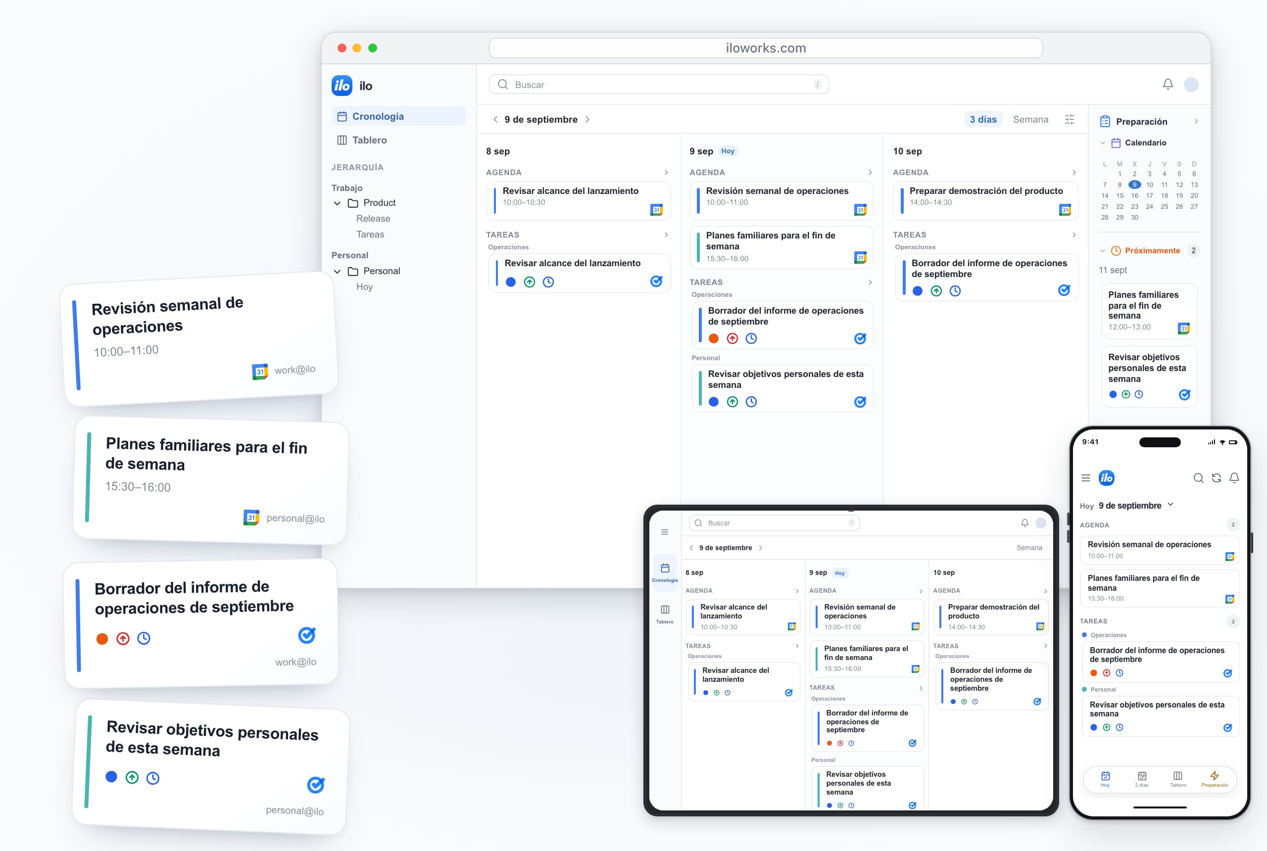 ilo on desktop, iPad and iPhone: work and personal accounts together — Revisión semanal de operaciones, Planes familiares para el fin de semana, Borrador del informe de operaciones de septiembre, Revisar objetivos personales de esta semana.