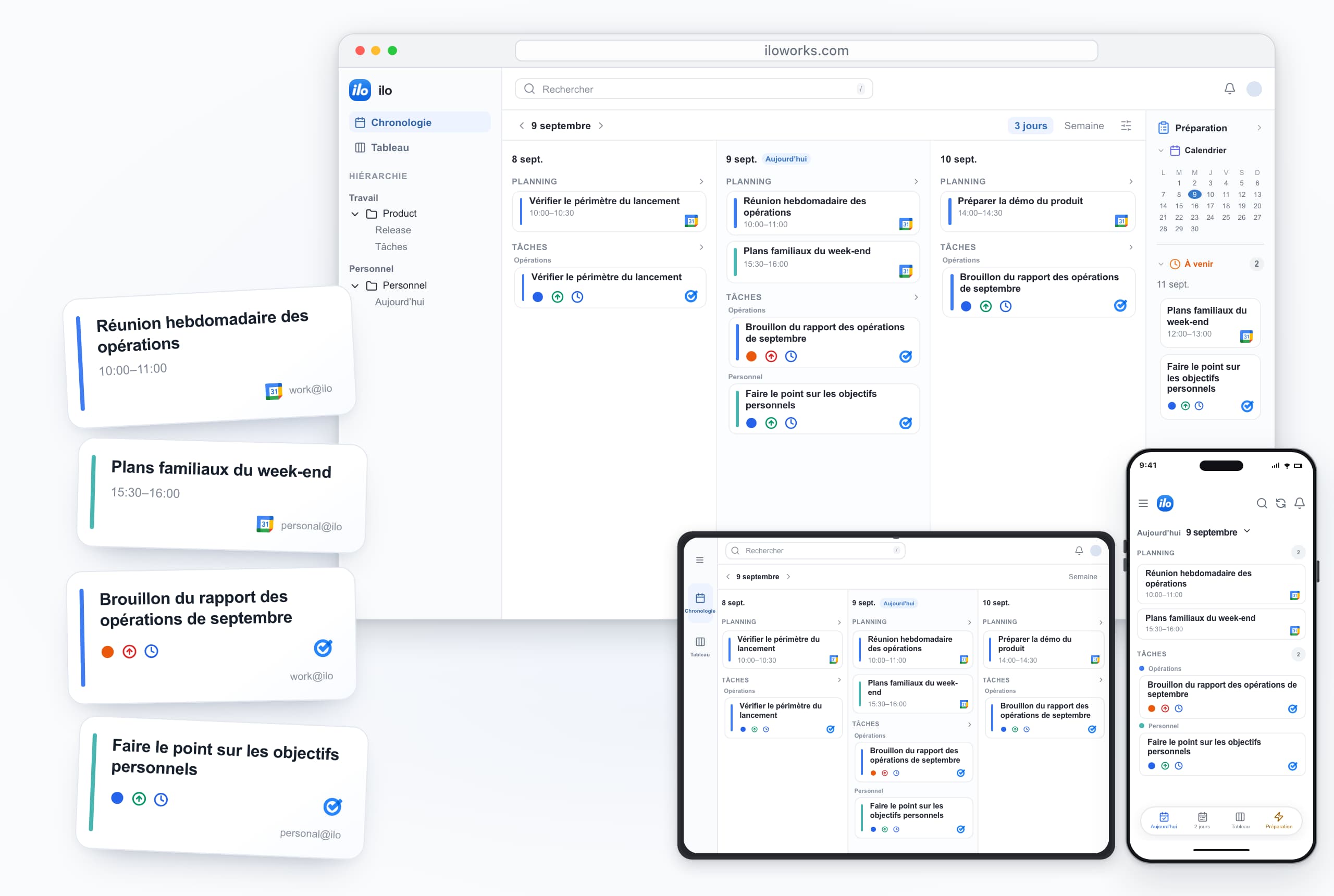 ilo on desktop, iPad and iPhone: work and personal accounts together — Réunion hebdomadaire des opérations, Plans familiaux du week-end, Brouillon du rapport des opérations de septembre, Faire le point sur les objectifs personnels.