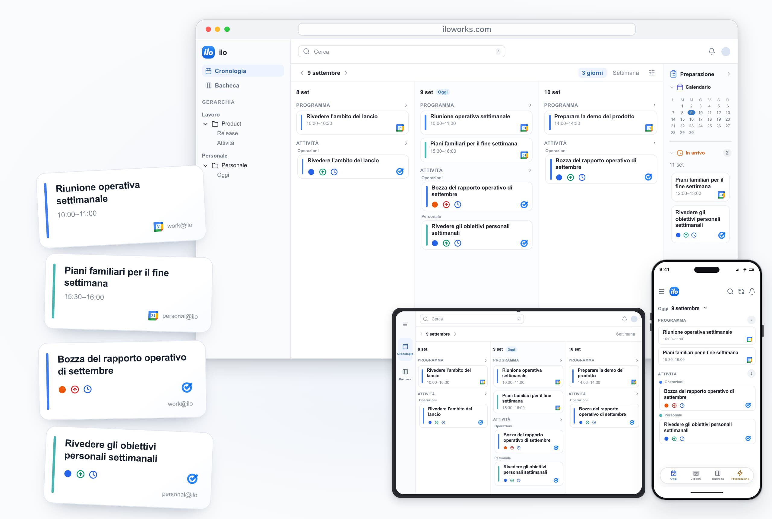 ilo on desktop, iPad and iPhone: work and personal accounts together — Riunione operativa settimanale, Piani familiari per il fine settimana, Bozza del rapporto operativo di settembre, Rivedere gli obiettivi personali settimanali.