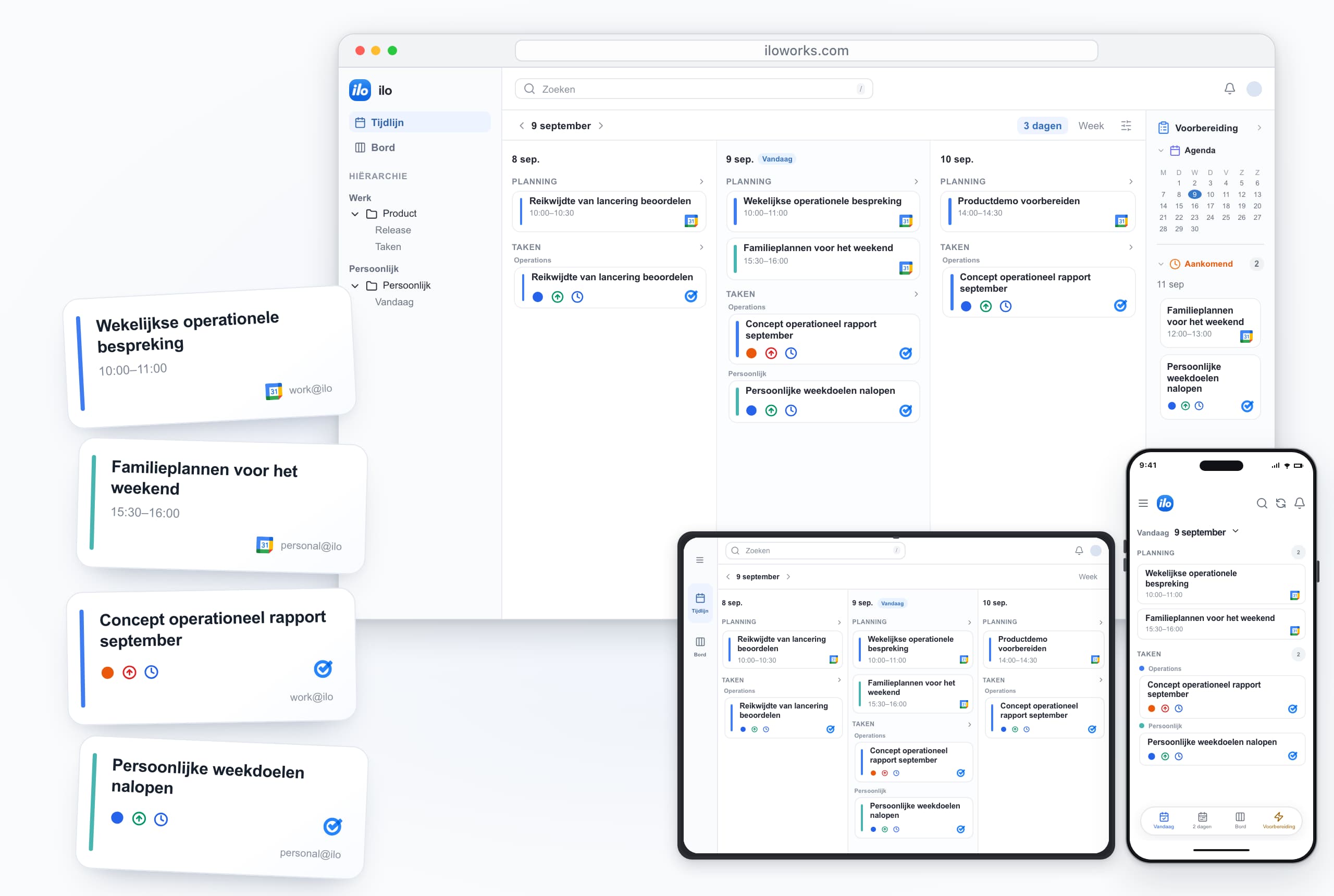 ilo on desktop, iPad and iPhone: work and personal accounts together — Wekelijkse operationele bespreking, Familieplannen voor het weekend, Concept operationeel rapport september, Persoonlijke weekdoelen nalopen.
