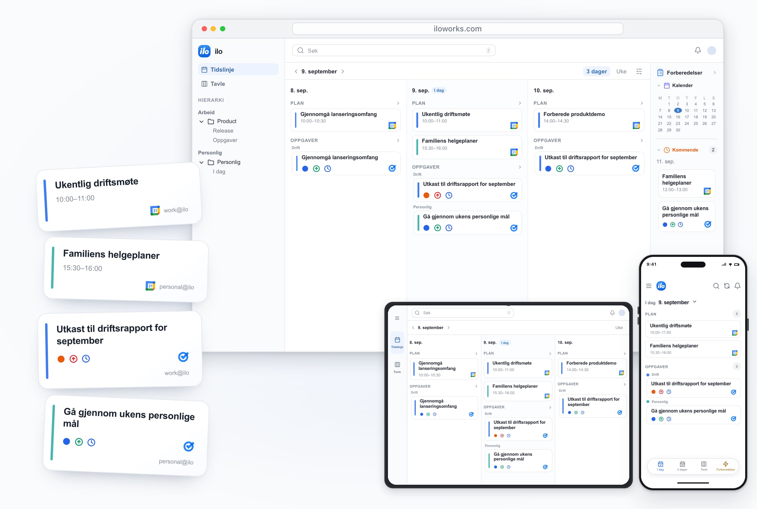 ilo on desktop, iPad and iPhone: work and personal accounts together — Ukentlig driftsmøte, Familiens helgeplaner, Utkast til driftsrapport for september, Gå gjennom ukens personlige mål.