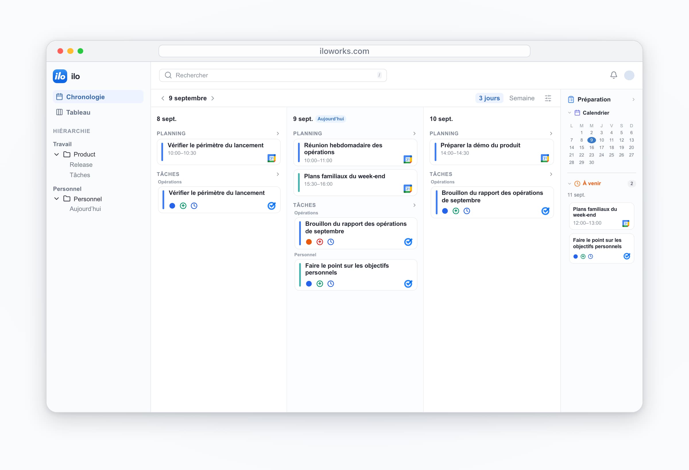 ilo desktop: work and personal accounts together — Réunion hebdomadaire des opérations, Plans familiaux du week-end, Brouillon du rapport des opérations de septembre, Faire le point sur les objectifs personnels.