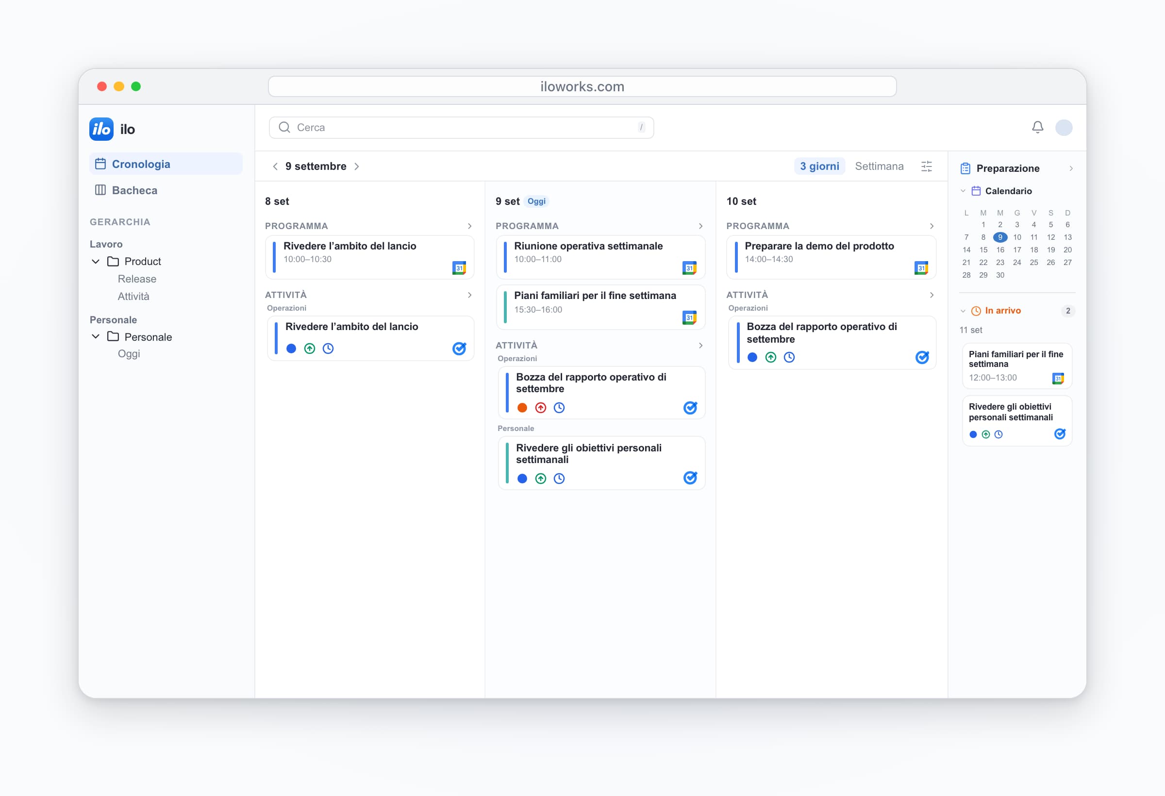ilo desktop: work and personal accounts together — Riunione operativa settimanale, Piani familiari per il fine settimana, Bozza del rapporto operativo di settembre, Rivedere gli obiettivi personali settimanali.