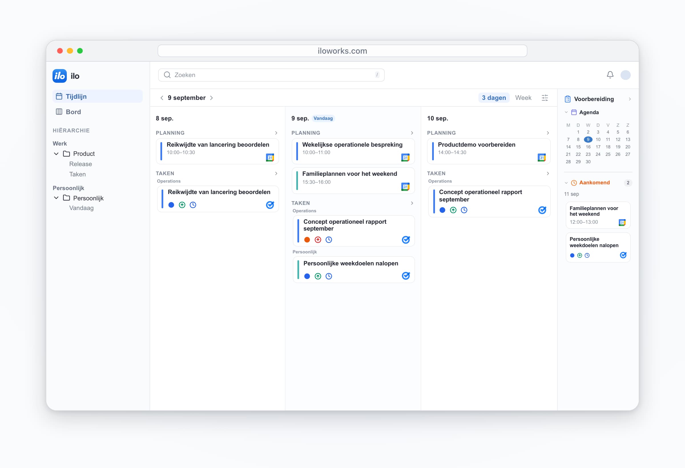 ilo desktop: work and personal accounts together — Wekelijkse operationele bespreking, Familieplannen voor het weekend, Concept operationeel rapport september, Persoonlijke weekdoelen nalopen.