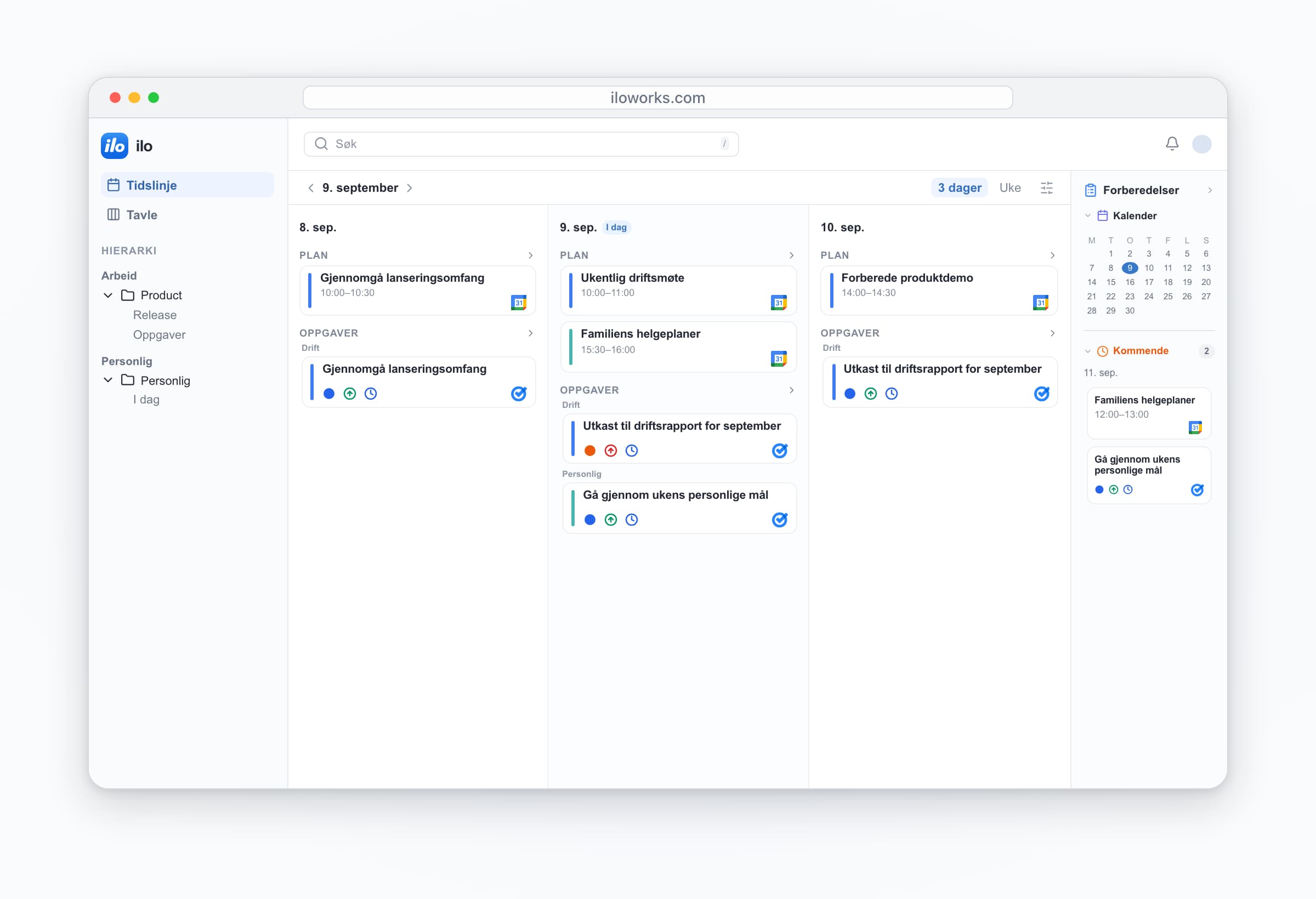 ilo desktop: work and personal accounts together — Ukentlig driftsmøte, Familiens helgeplaner, Utkast til driftsrapport for september, Gå gjennom ukens personlige mål.