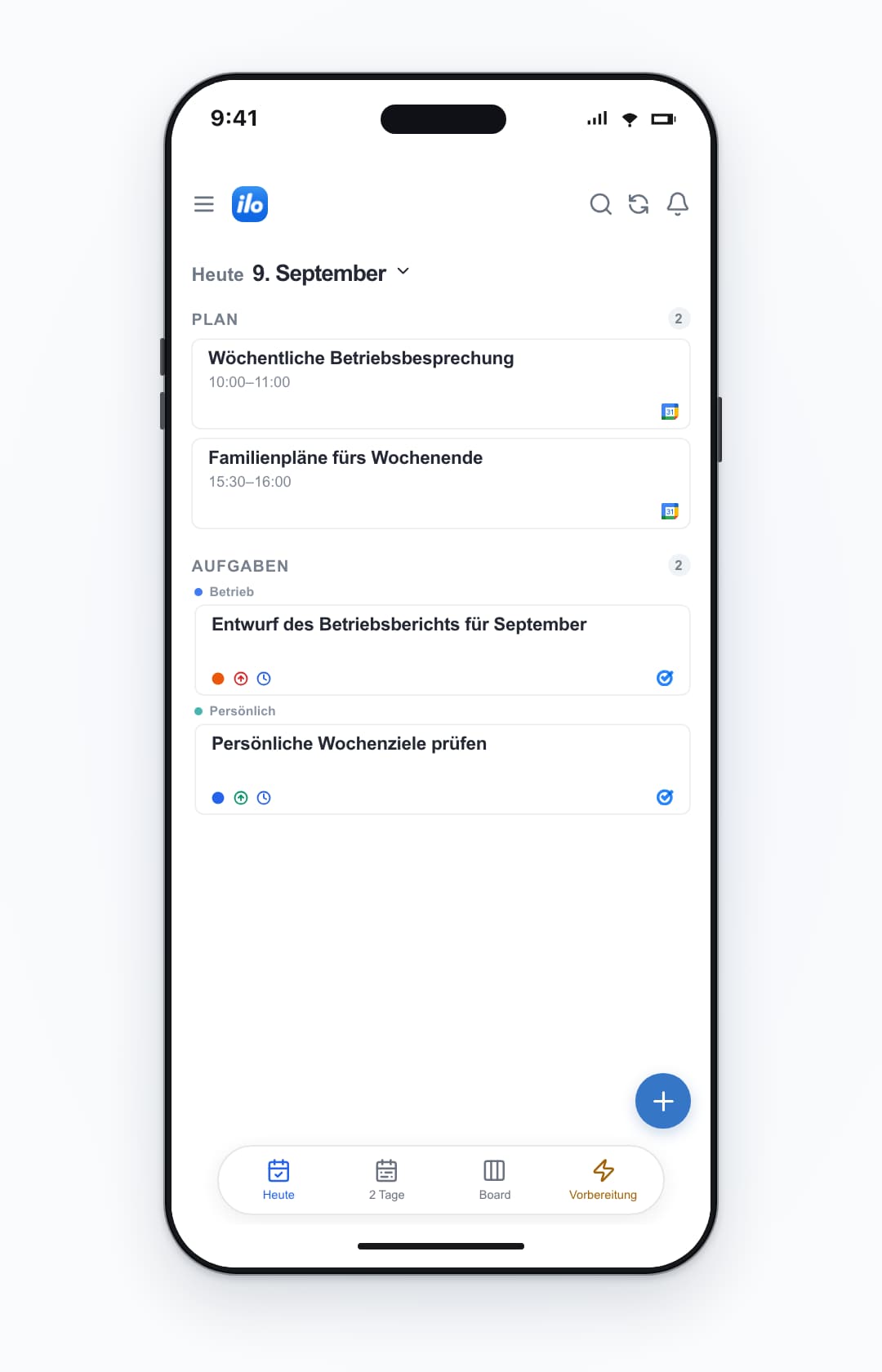 ilo mobile: work and personal accounts together — Wöchentliche Betriebsbesprechung, Familienpläne fürs Wochenende, Entwurf des Betriebsberichts für September, Persönliche Wochenziele prüfen.
