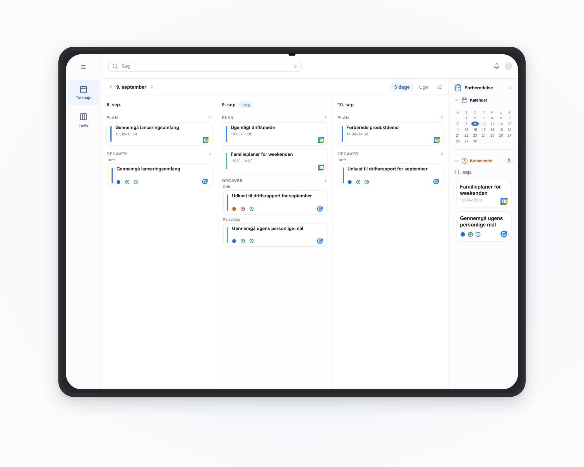 ilo tablet: work and personal accounts together — Ugentligt driftsmøde, Familieplaner for weekenden, Udkast til driftsrapport for september, Gennemgå ugens personlige mål.