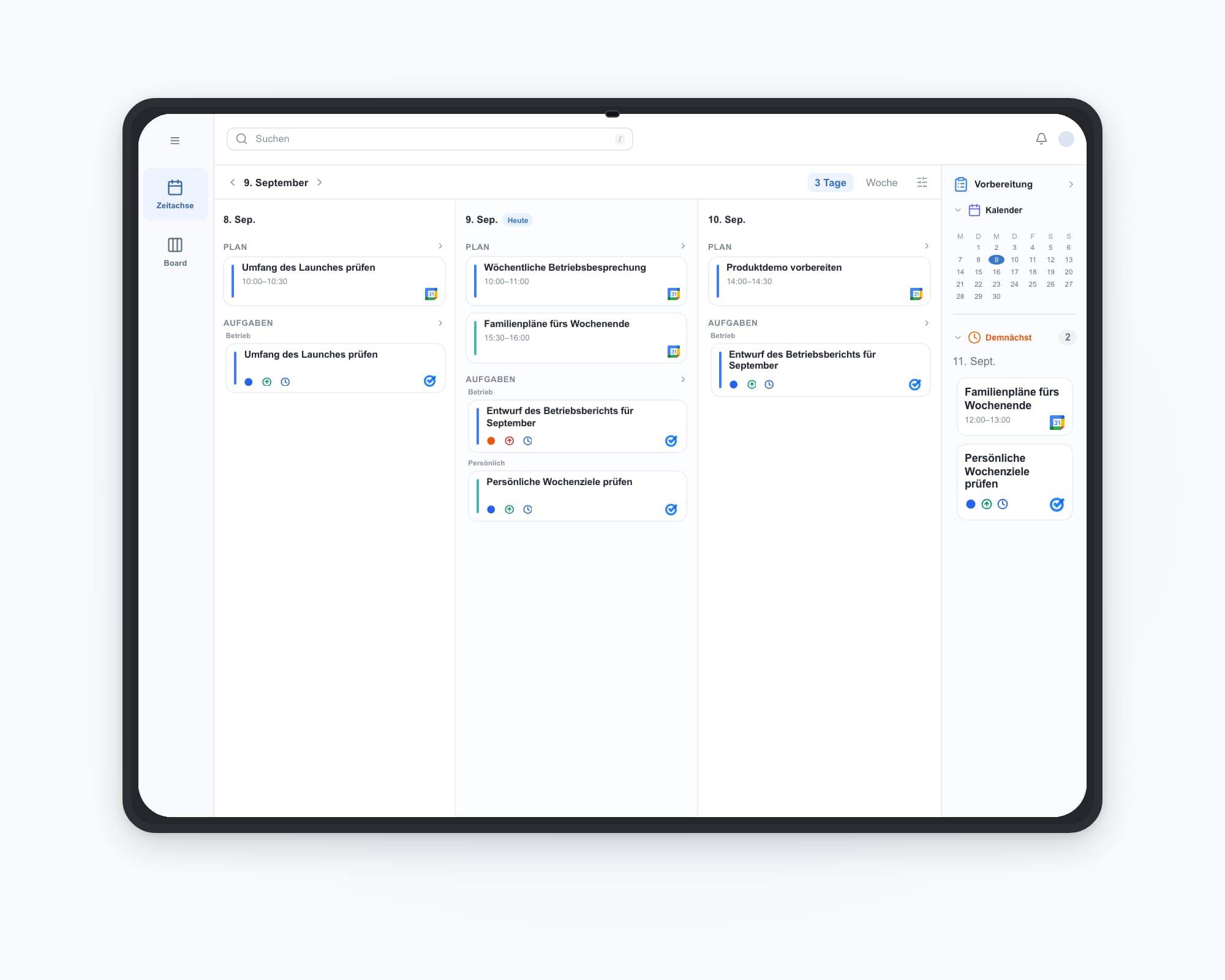 ilo tablet: work and personal accounts together — Wöchentliche Betriebsbesprechung, Familienpläne fürs Wochenende, Entwurf des Betriebsberichts für September, Persönliche Wochenziele prüfen.