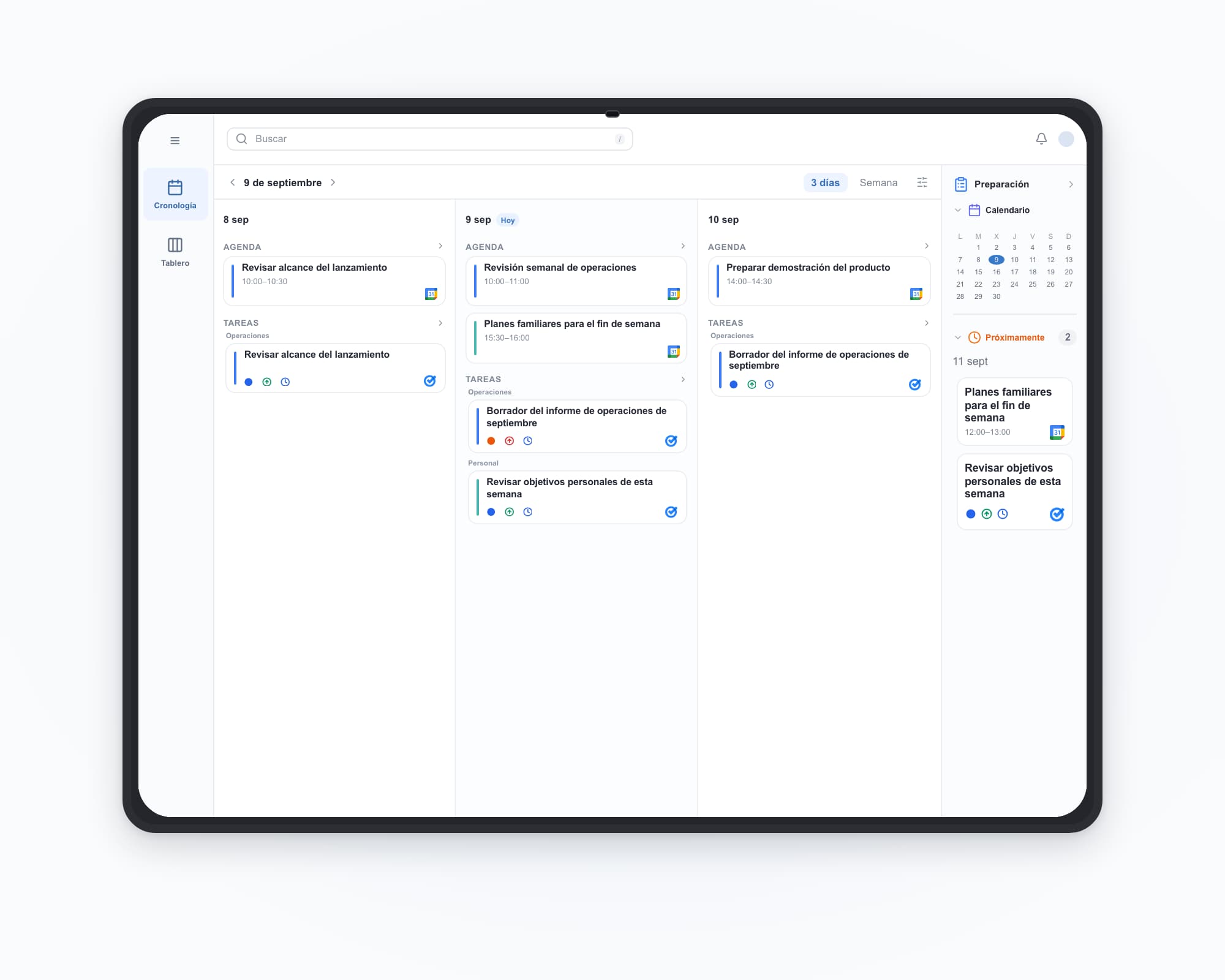ilo tablet: work and personal accounts together — Revisión semanal de operaciones, Planes familiares para el fin de semana, Borrador del informe de operaciones de septiembre, Revisar objetivos personales de esta semana.
