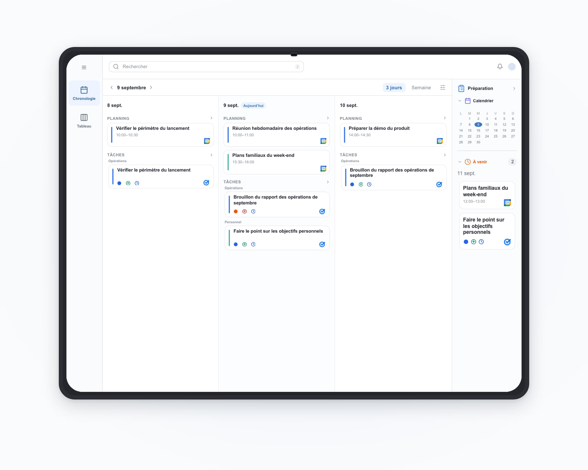 ilo tablet: work and personal accounts together — Réunion hebdomadaire des opérations, Plans familiaux du week-end, Brouillon du rapport des opérations de septembre, Faire le point sur les objectifs personnels.