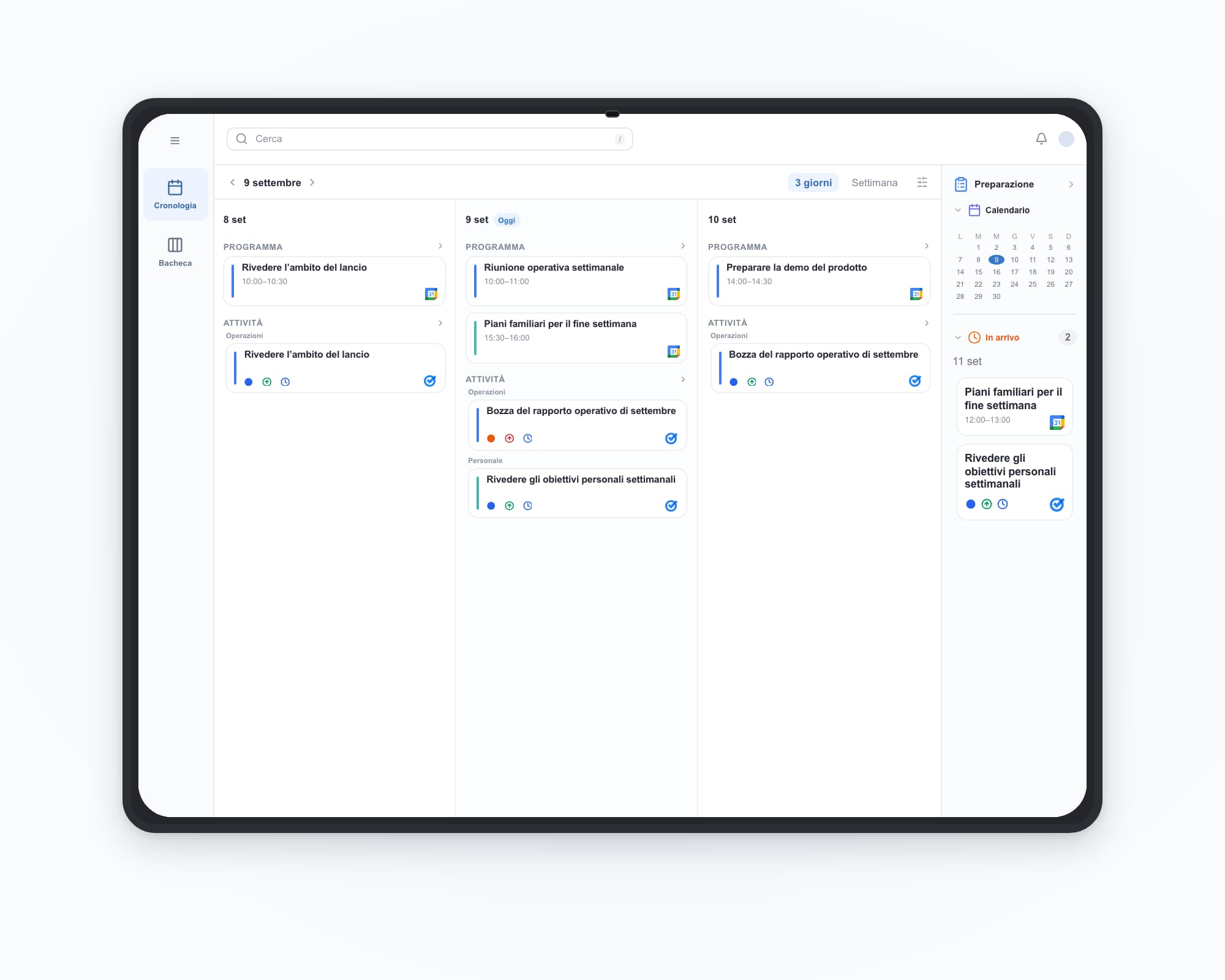 ilo tablet: work and personal accounts together — Riunione operativa settimanale, Piani familiari per il fine settimana, Bozza del rapporto operativo di settembre, Rivedere gli obiettivi personali settimanali.