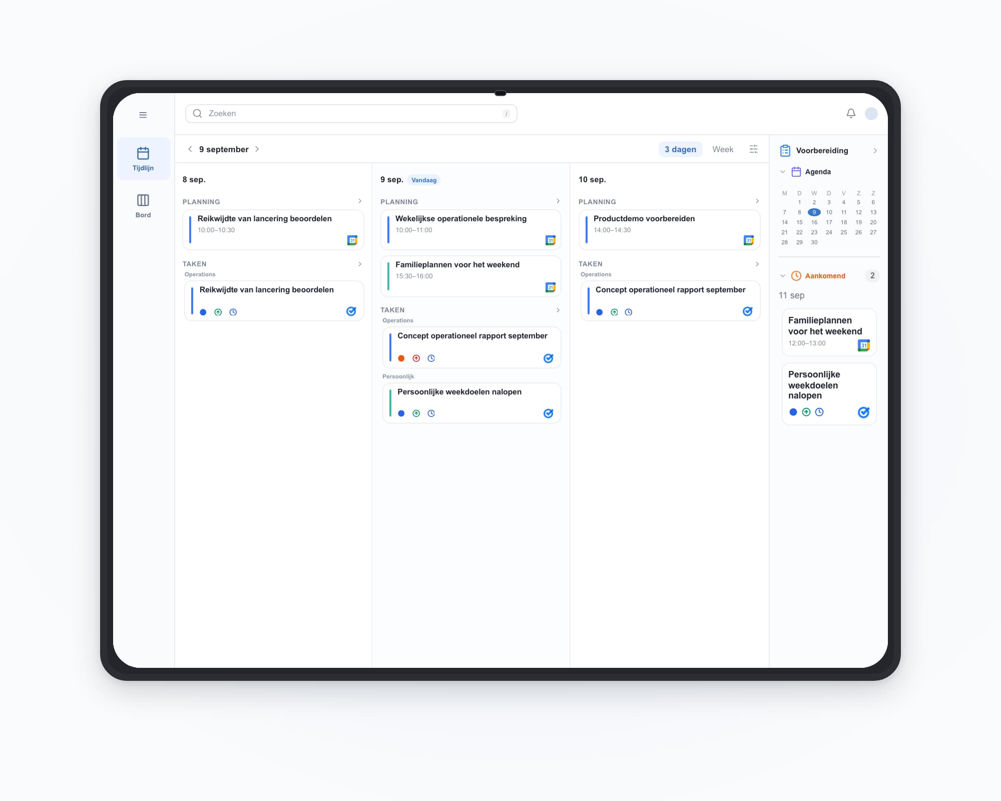 ilo tablet: work and personal accounts together — Wekelijkse operationele bespreking, Familieplannen voor het weekend, Concept operationeel rapport september, Persoonlijke weekdoelen nalopen.