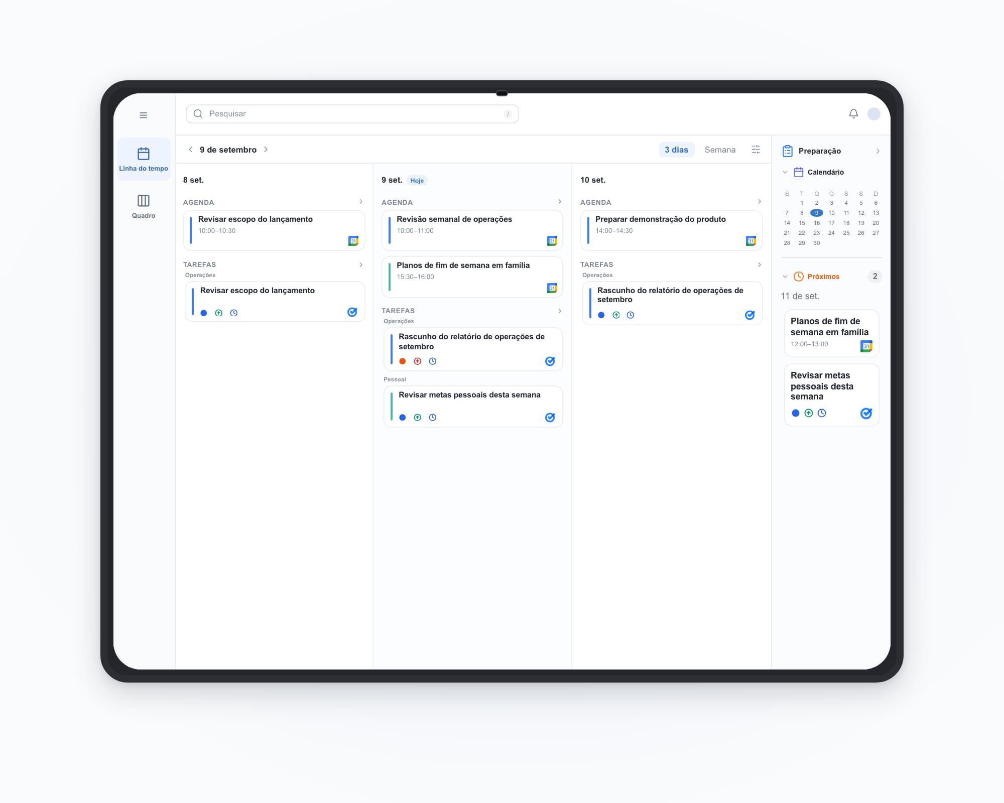 ilo tablet: work and personal accounts together — Revisão semanal de operações, Planos de fim de semana em família, Rascunho do relatório de operações de setembro, Revisar metas pessoais desta semana.